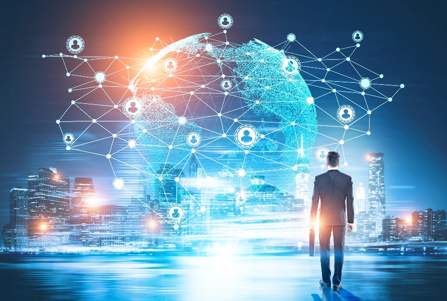A man is facing the globe of networks and connections
