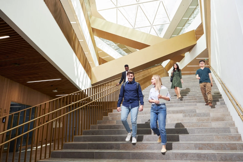 Colleagues walk down a staircase together. - Business Finland