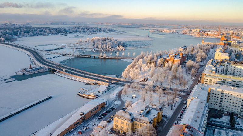 An aerial view of a snow-covered Finnish city. - Visit Vaasa / Business Finland