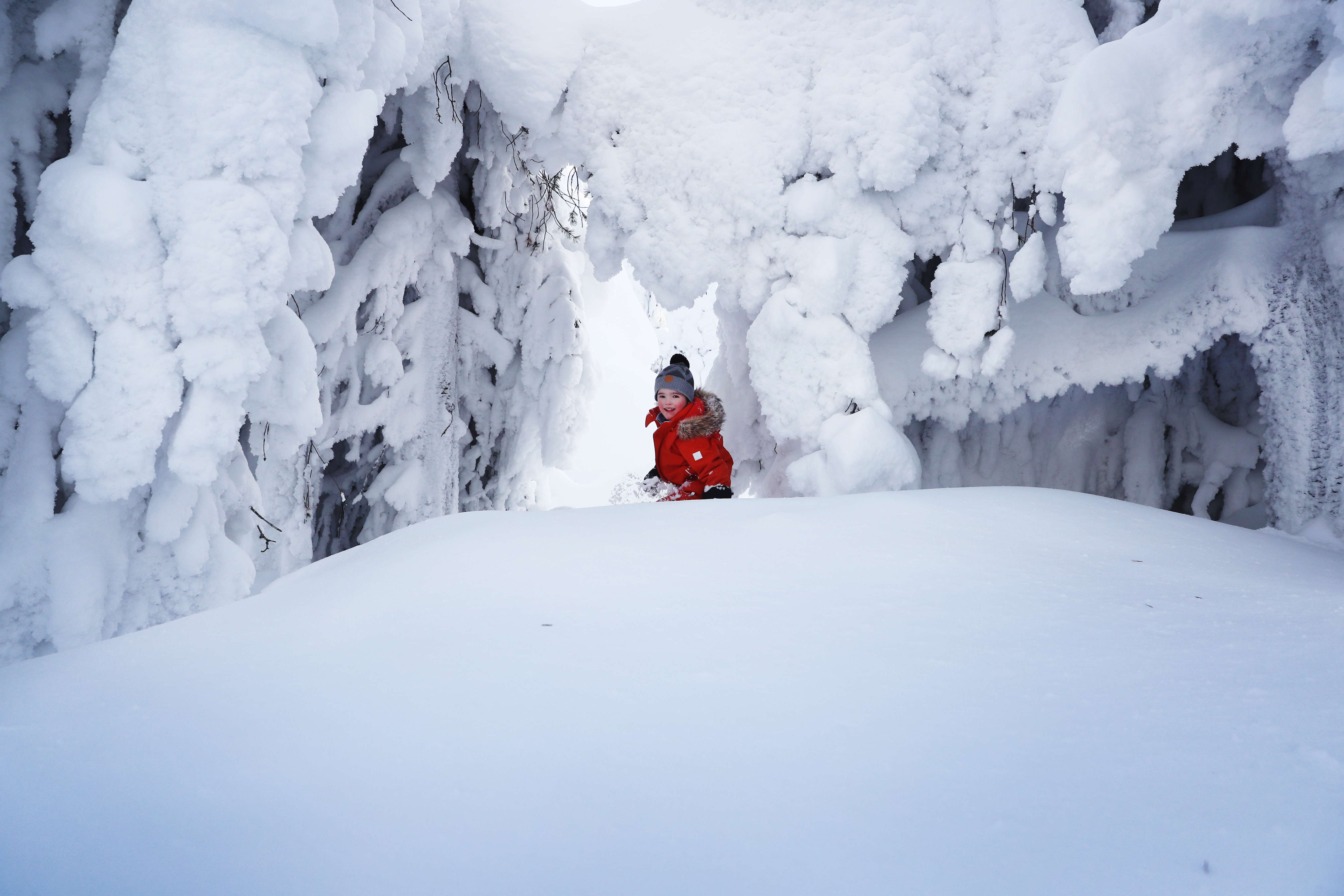 a boy rejoices in the midst of the snowy forest