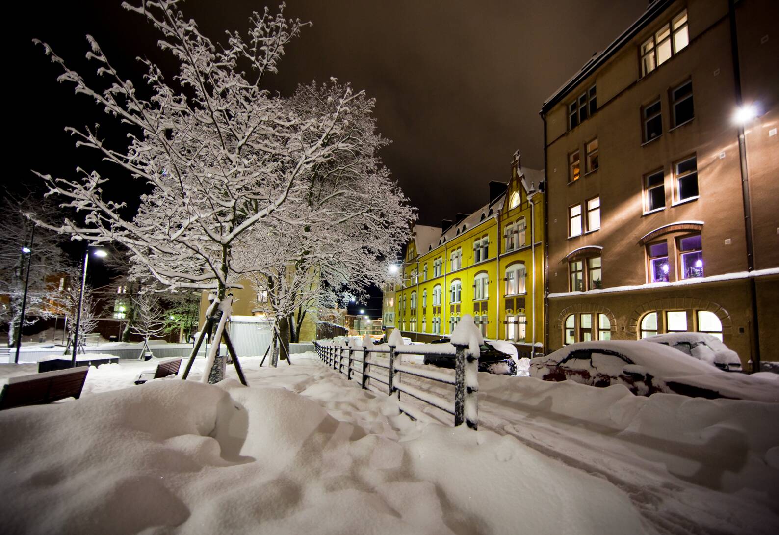 a cityscape view of snowy streets of Helsinki